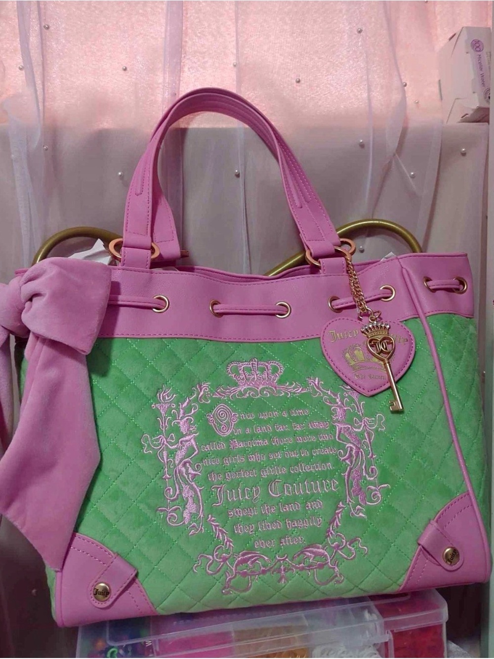 Juicy Couture Pink and Green Quilted Tote with Charm